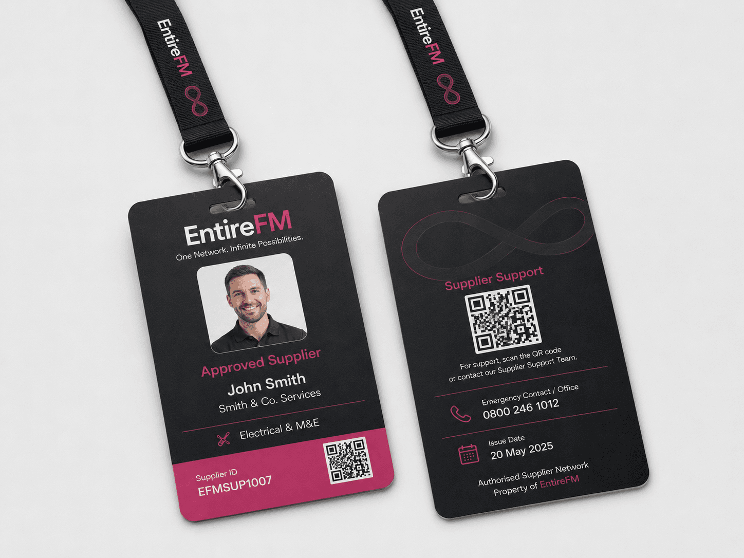 EntireFM Approved Supplier ID Card and Lanyard front and back with QR verification code