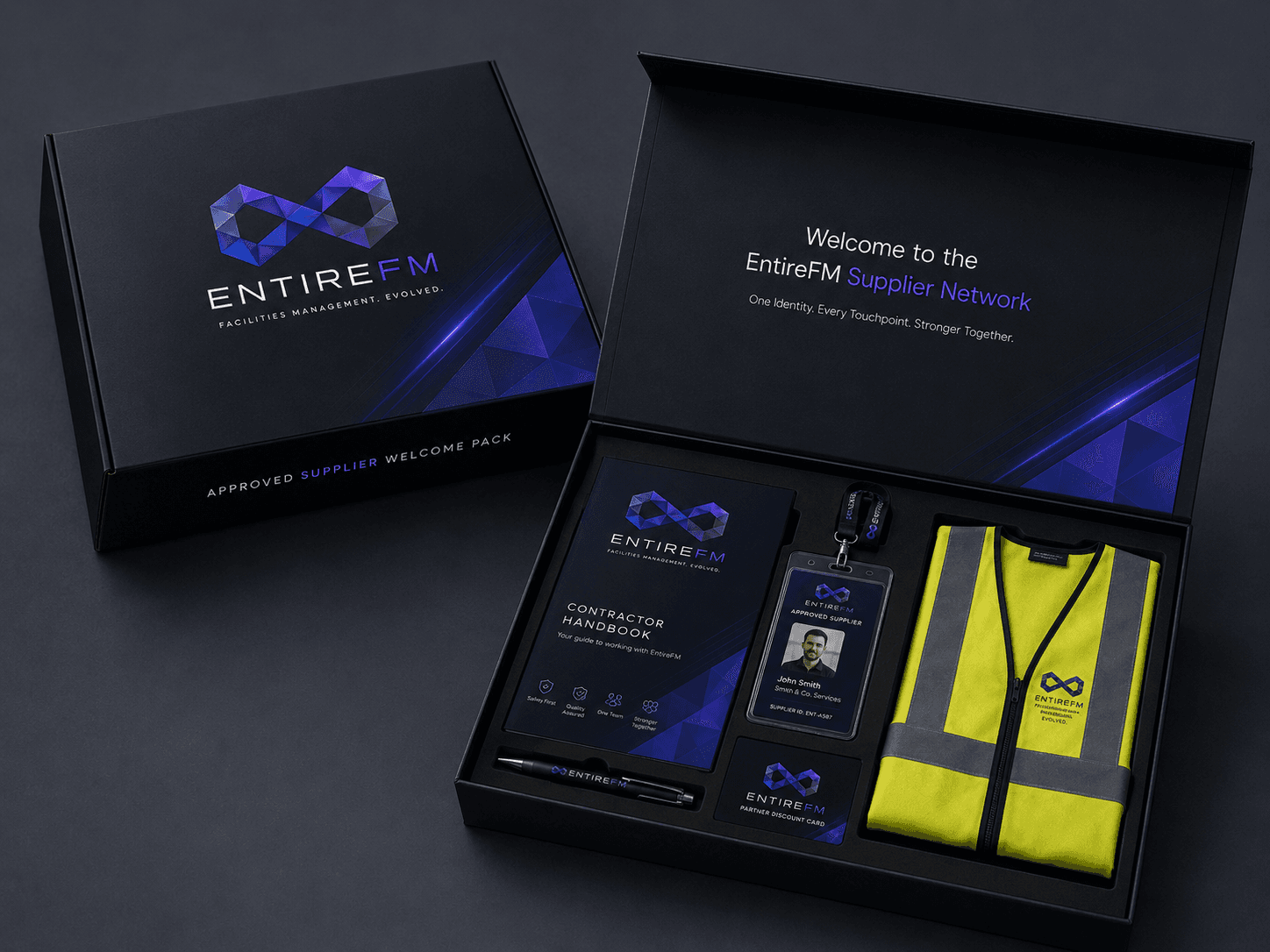 EntireFM Approved Supplier Welcome Pack Box containing handbook, ID card, PPE and partner card