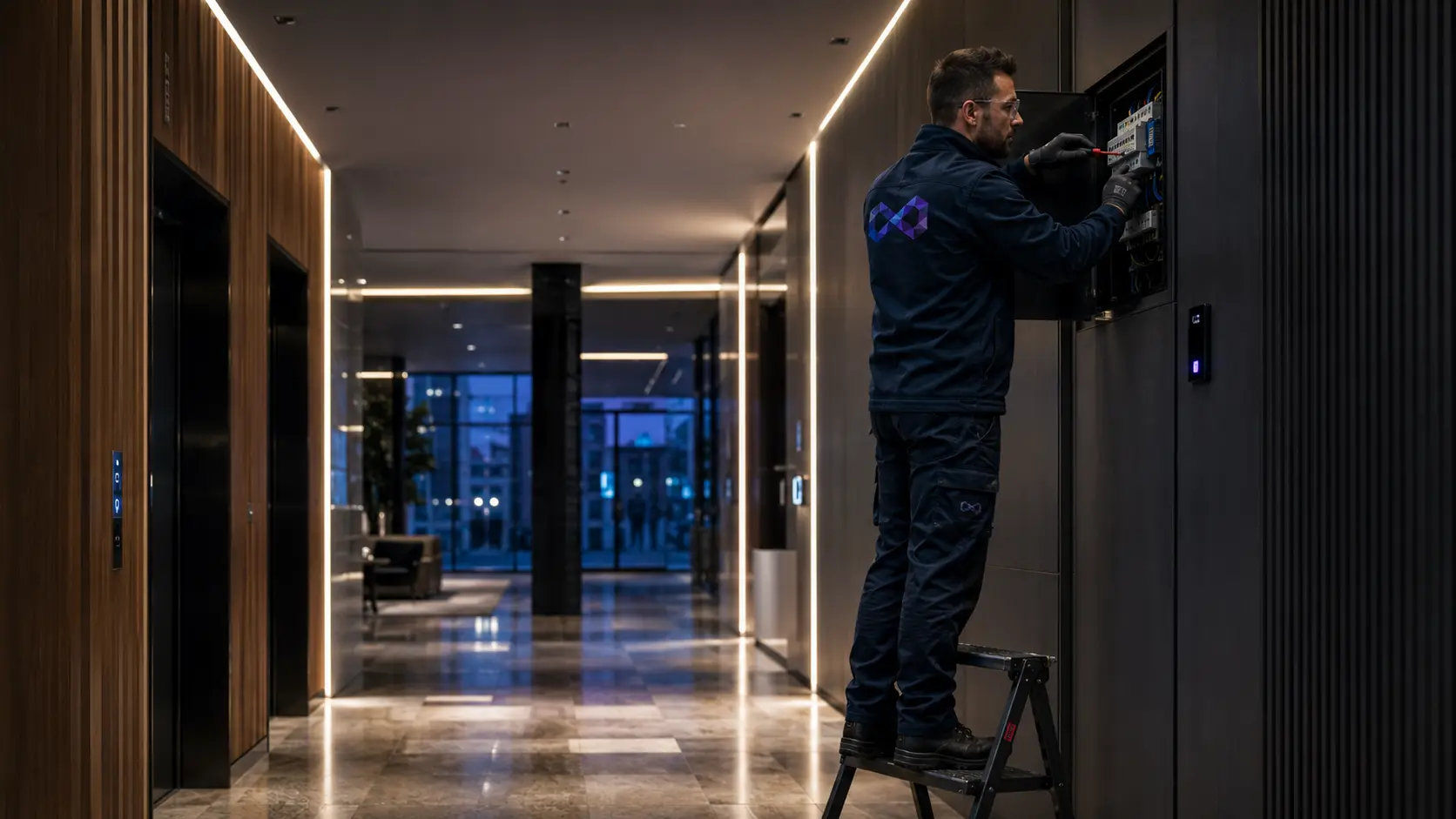 EntireFM engineer installing access control equipment in a corridor