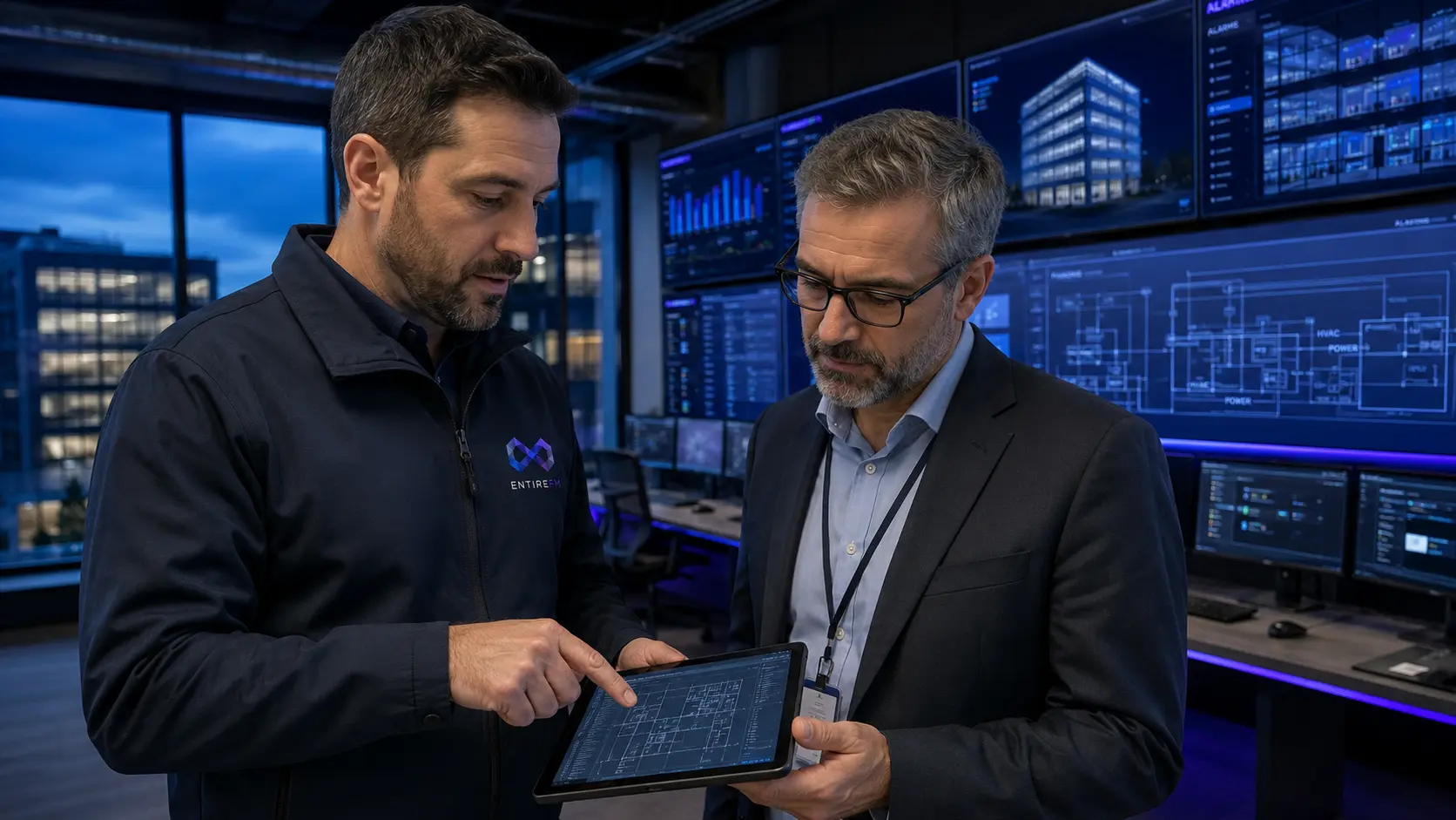 EntireFM engineer reviewing building performance data with a client in an operations room