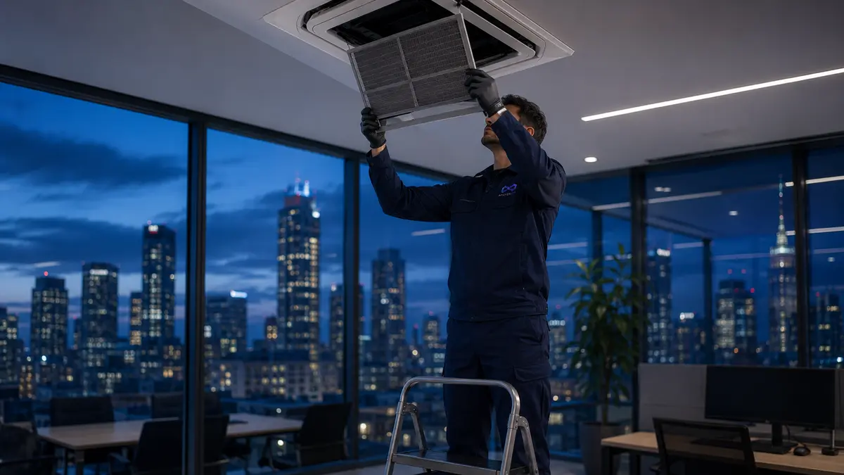 EntireFM HVAC engineer conducting refrigerant leak detection on commercial VRF system