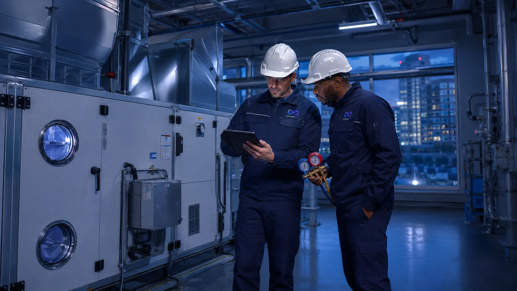 Plantroom technician executing planned preventative maintenance