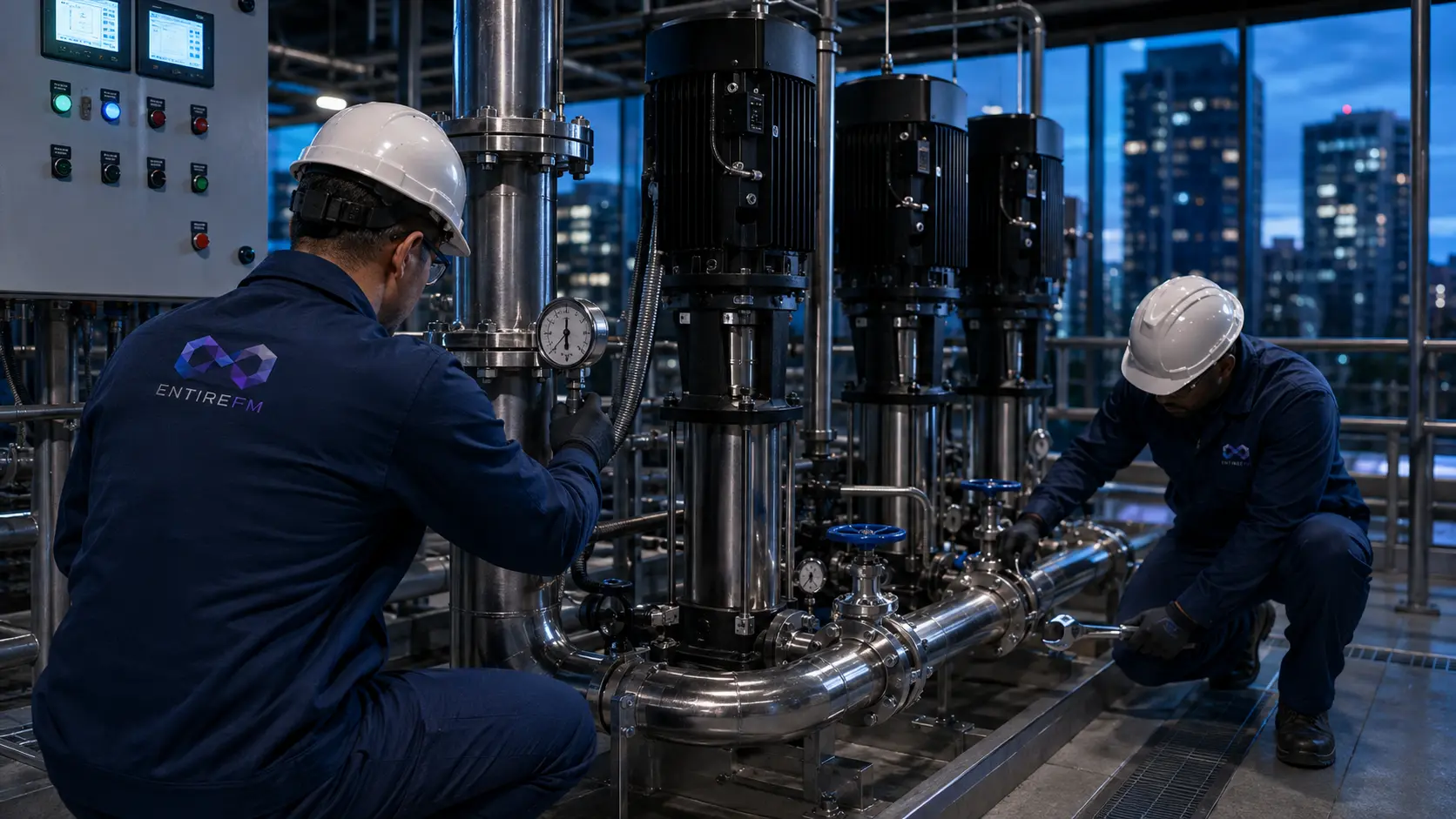EntireFM engineer inspecting a pressurisation and booster pump set