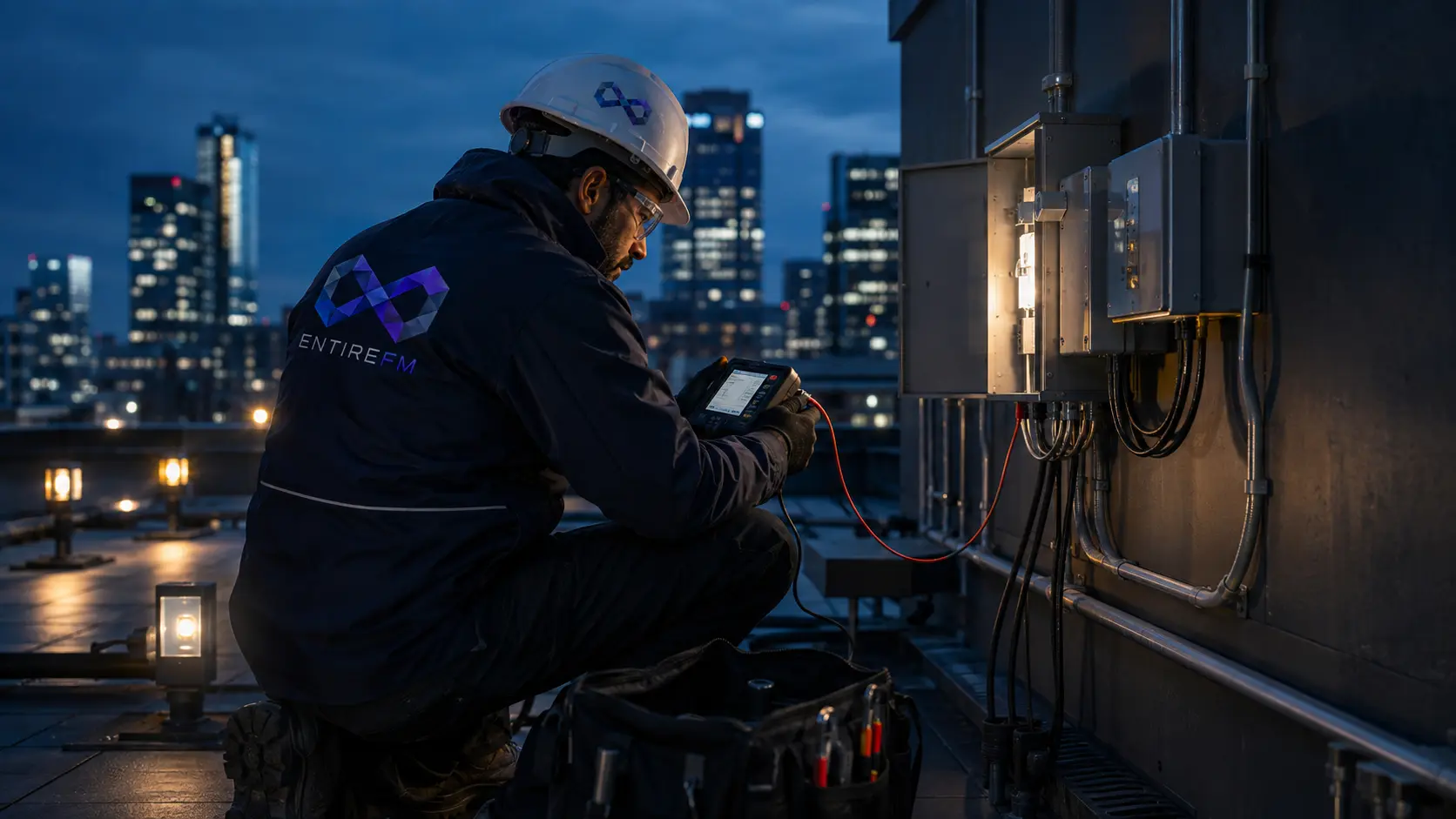 EntireFM engineer working on rooftop plant at night above a lit city skyline