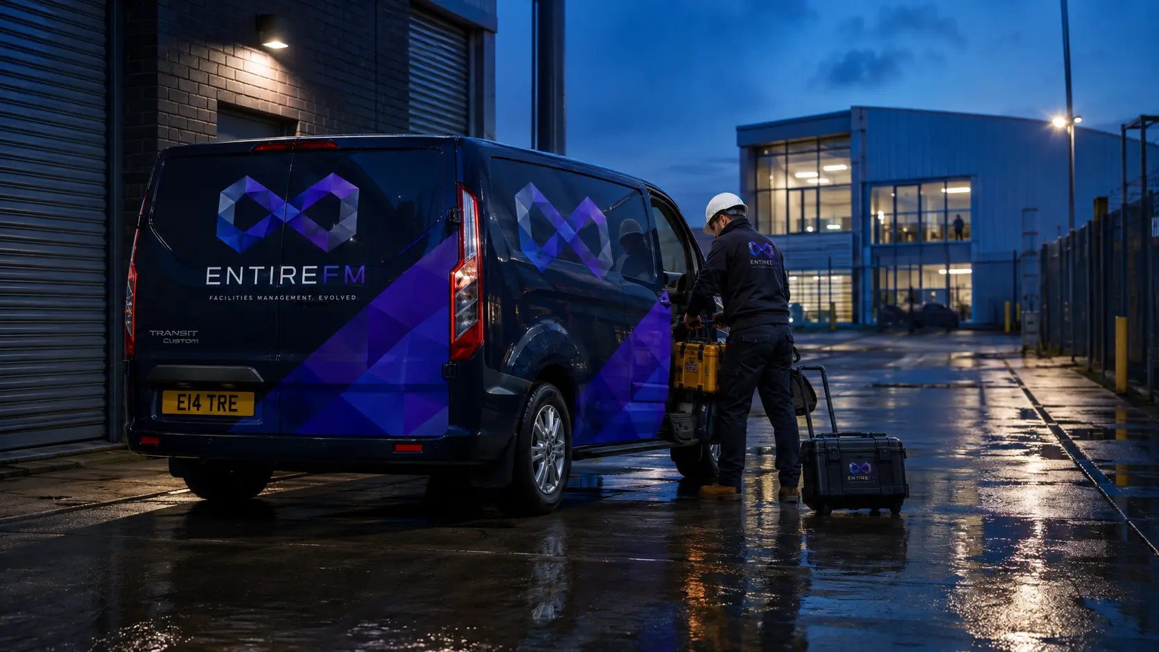 EntireFM van and engineer arriving at a commercial site at dusk