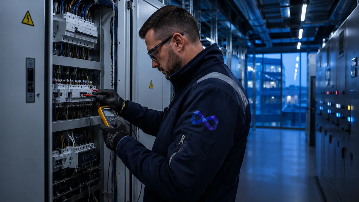 Two EntireFM certified engineers inspecting high-voltage switchgear plant room