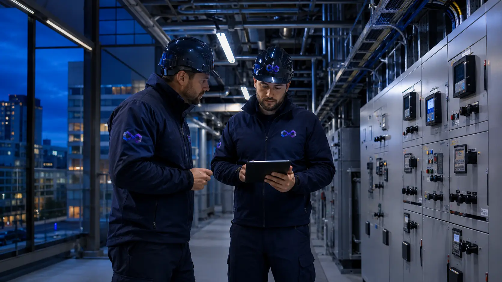 Two EntireFM engineers surveying switchgear in a plant room