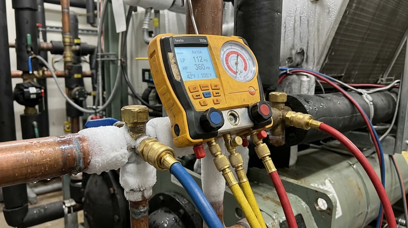 Refrigerant pressure gauge manifold on commercial rooftop chiller