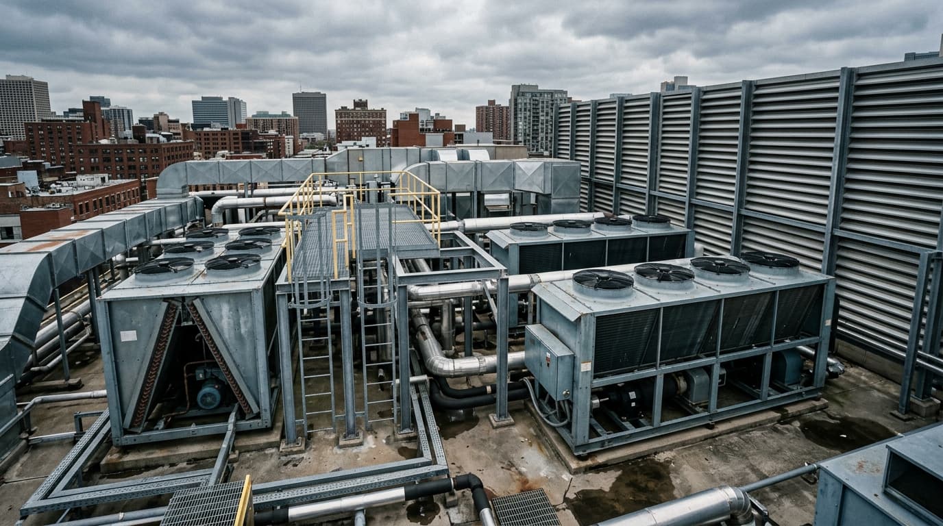 Commercial rooftop condenser plant deck with acoustic louvres and chillers
