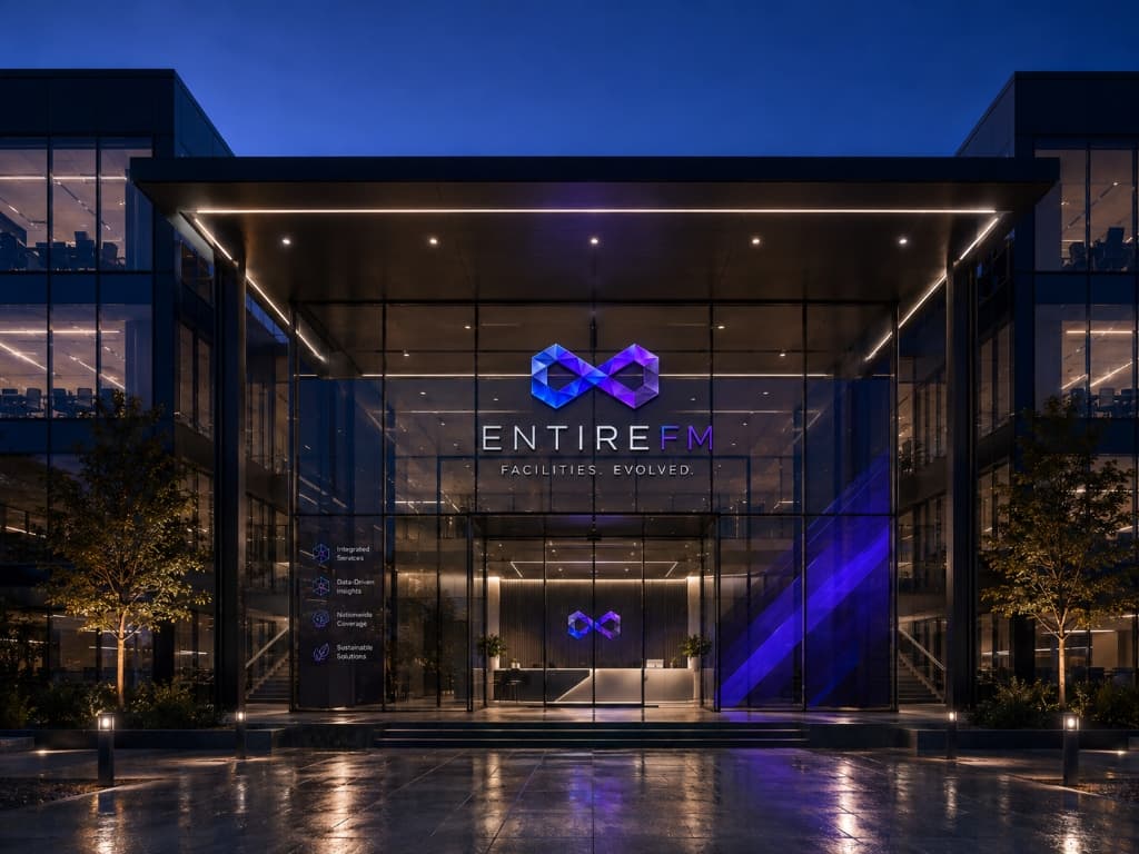 EntireFM Headquarters architectural entrance and illuminated reception lobby