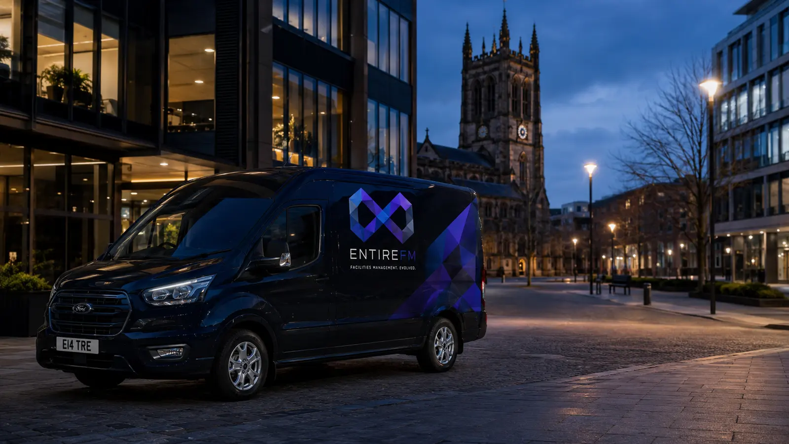 EntireFM facilities management van in Derby’s Cathedral Quarter at dusk