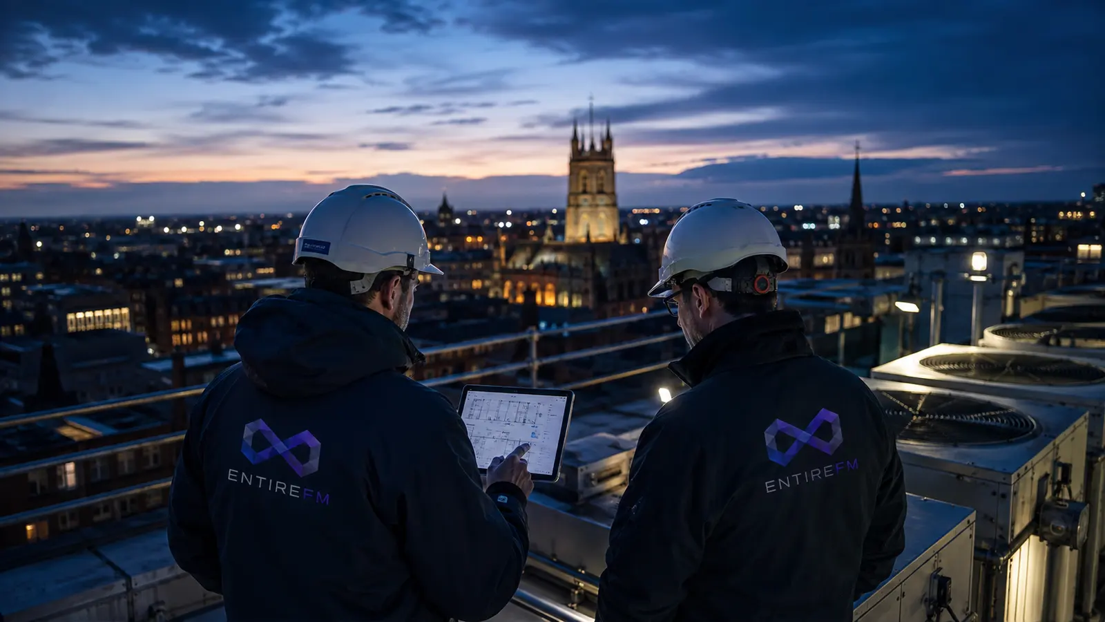 EntireFM engineers carrying out a rooftop survey above Derby city centre