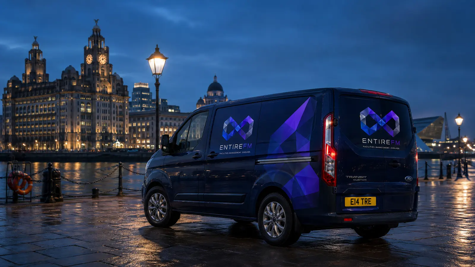 EntireFM facilities management van at the Pier Head with the Royal Liver Building behind, Liverpool
