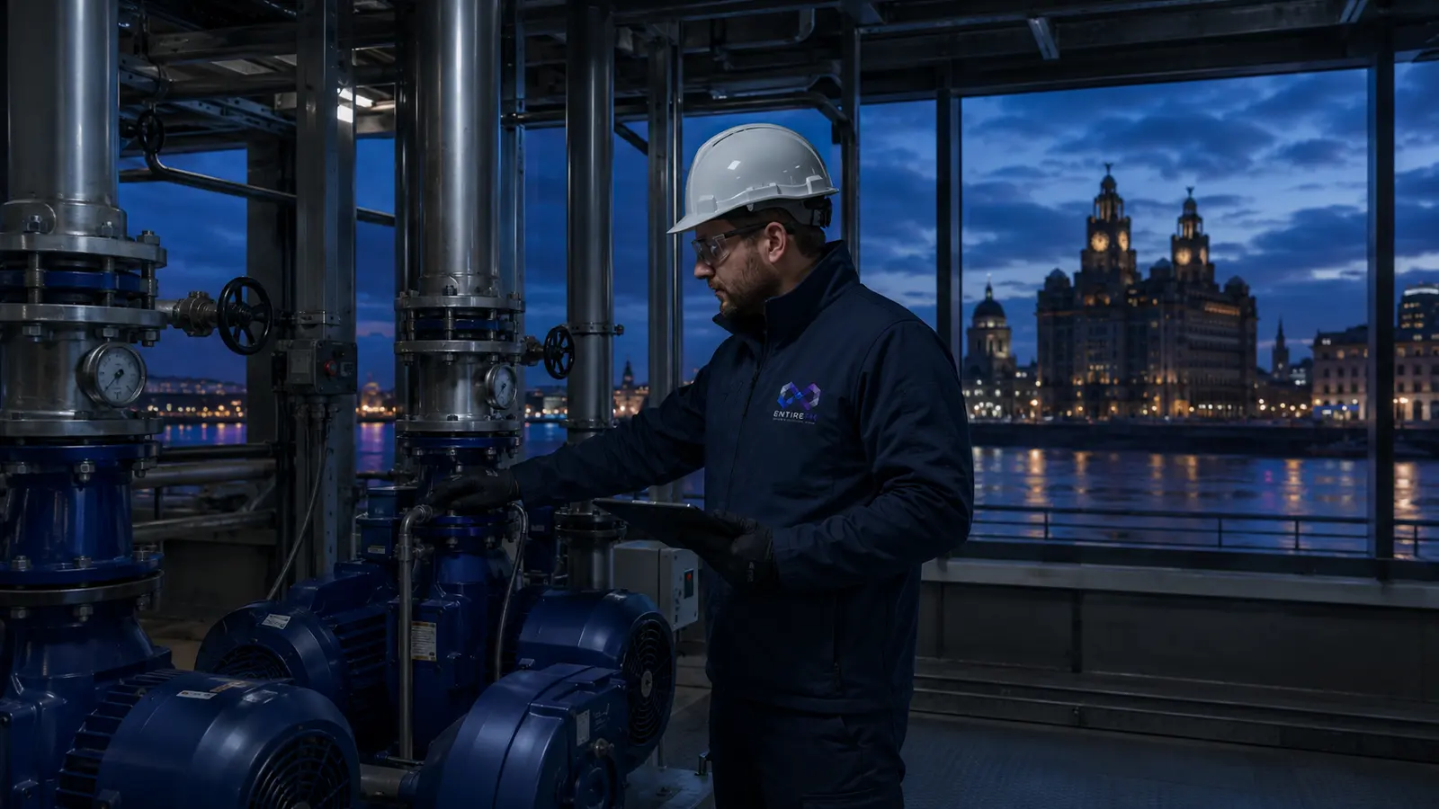 EntireFM engineer working in a plant room overlooking the Liverpool waterfront