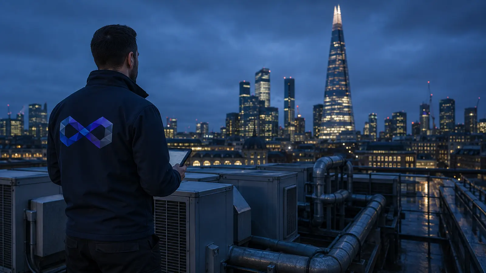 EntireFM engineer inspecting rooftop plant on a London commercial building, the Shard on the skyline