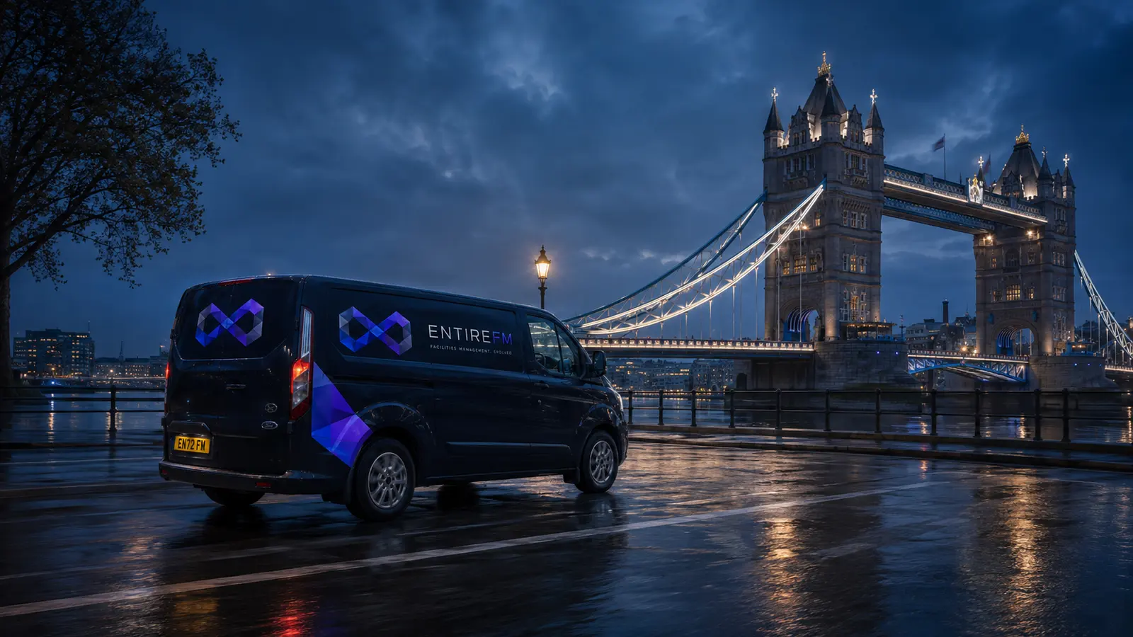 EntireFM mobile engineering van beside the Thames at Tower Bridge, London