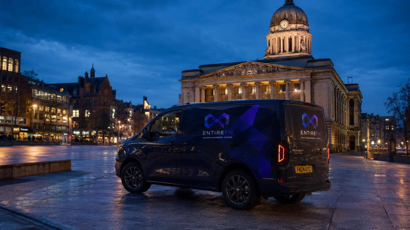 EntireFM facilities management van in Old Market Square, Nottingham, outside the Council House