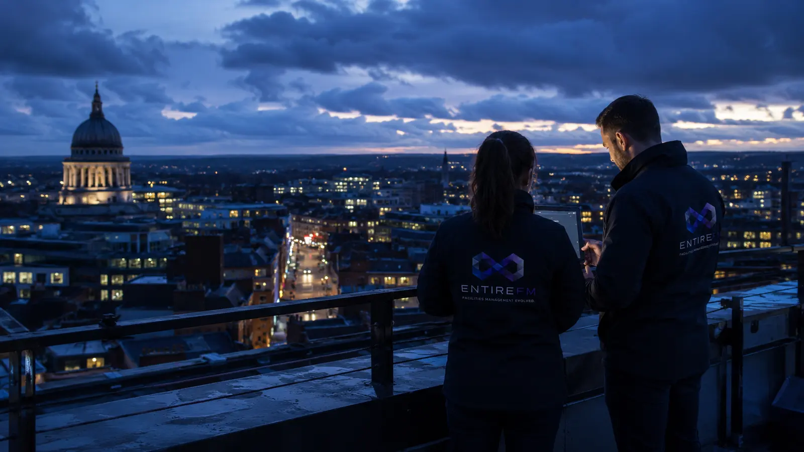 EntireFM engineers on a Nottingham rooftop with the Council House dome on the skyline