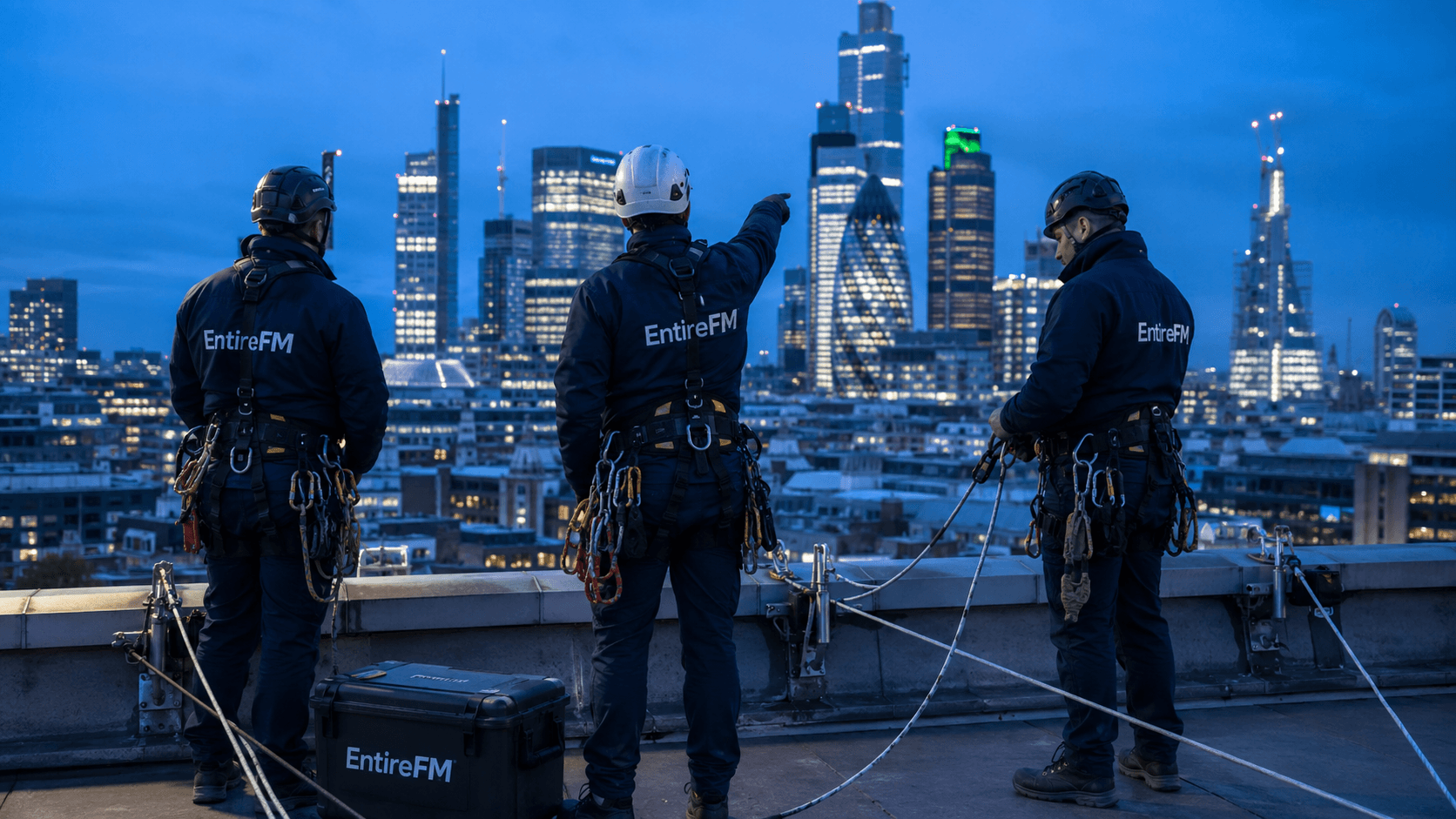 EntireFM IRATA-certified rope access technician performing high-level building maintenance on a commercial façade