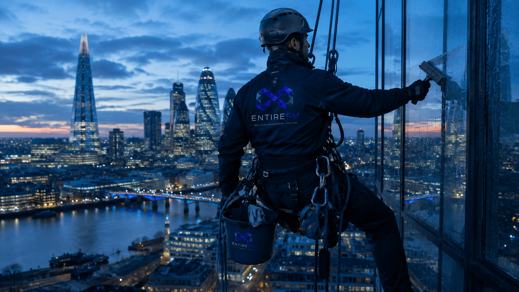 EntireFM technical rooftop rigging and safety system deployment on high-rise building